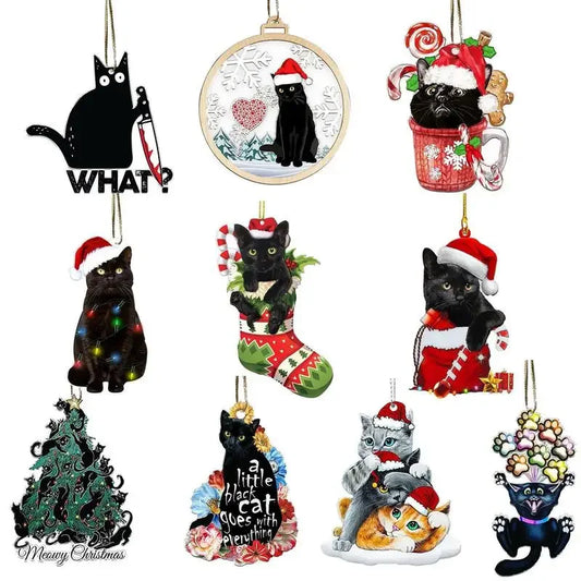 Christmas Cat Pendant Halloween Cartoon Animal Christmas Hat Acrylic Xmas Tree Ornaments 2024 New Year Natale Kerst Home Decor