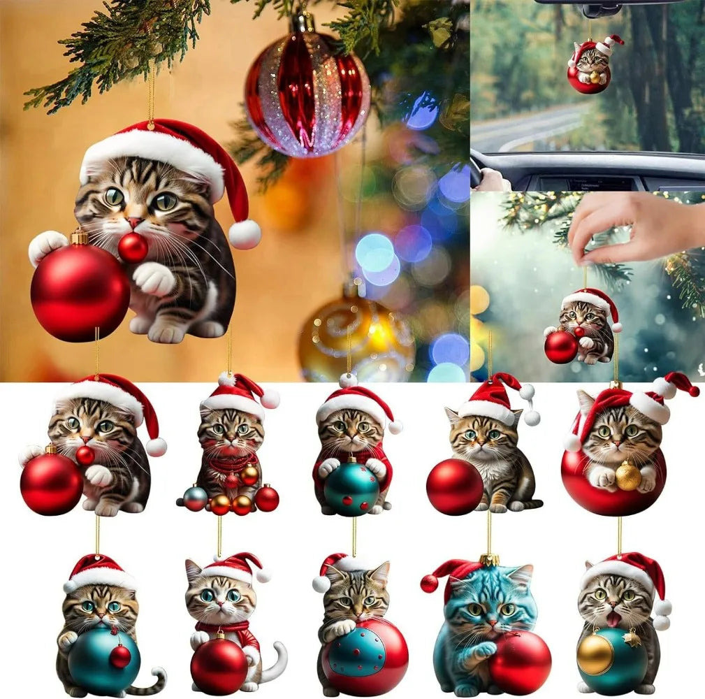 2D Kitten Hanging Ornaments Christmas Merry Christmas Ornaments Xmas Tree Hanging Toys Home Decor Present Xmas Children'S Gift